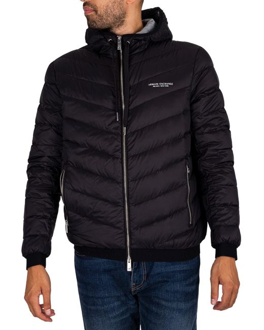 Emporio Armani Blue A | X Armani Exchange Hooded Quilted Down Milano/new York Logo Zip-up Jacket for men