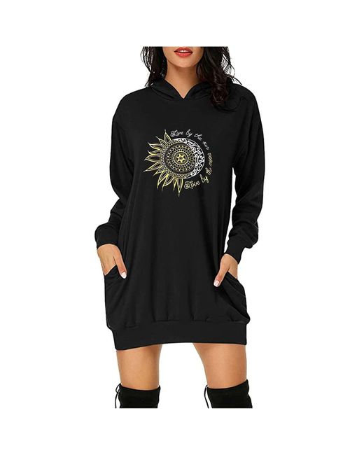 Superdry Black Lalaluka Dresses Hoodie Dress Short With Hood Long Sleeve Pockets Sun Moon Print Loose Sweatshirt Pullover Dress Long Blouses