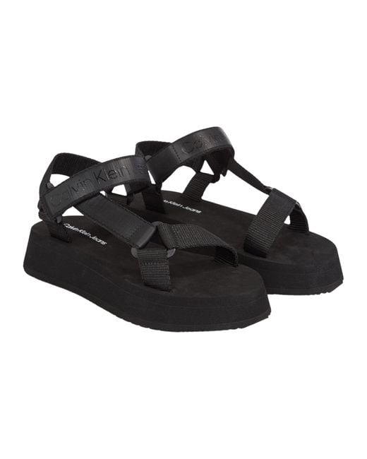 Calvin Klein Black Sandal Velcro Webbing Dc Yw0yw01353 Flat
