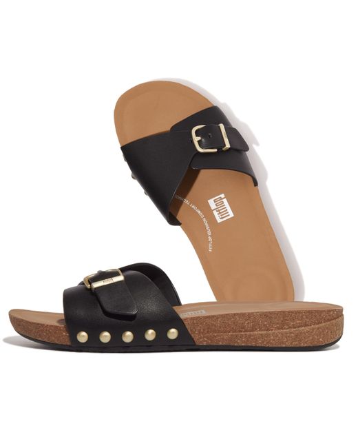 Fitflop Brown Iqushion Adjustable Buckle Leather Slides Wedge Sandal