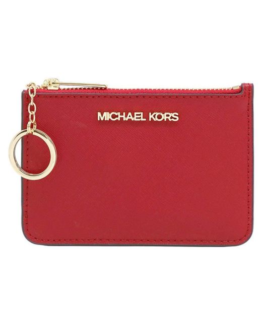 Michael Kors Red Jet Set Travel Small Top Zip Coin Pouch With Id Holder Saffiano Leather