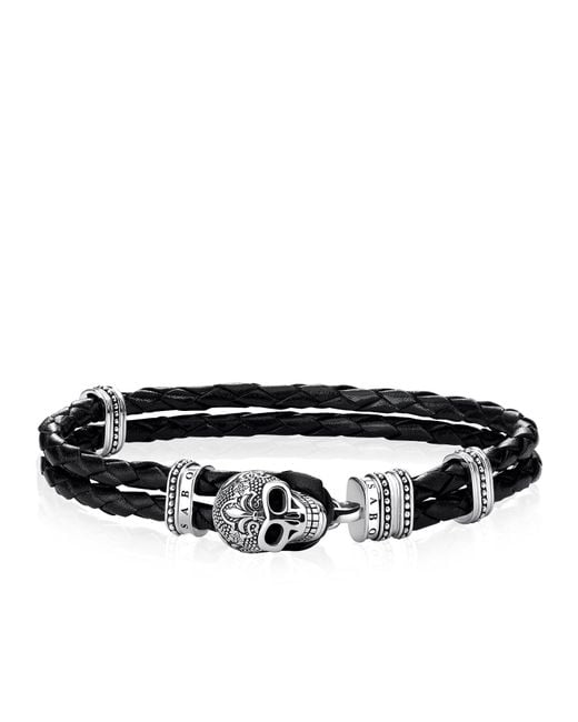 Unisexe Bracelet Cuir tête de Mort avec lys Argent Sterling 925, Noirci A1697-823-11 Thomas Sabo en coloris Black