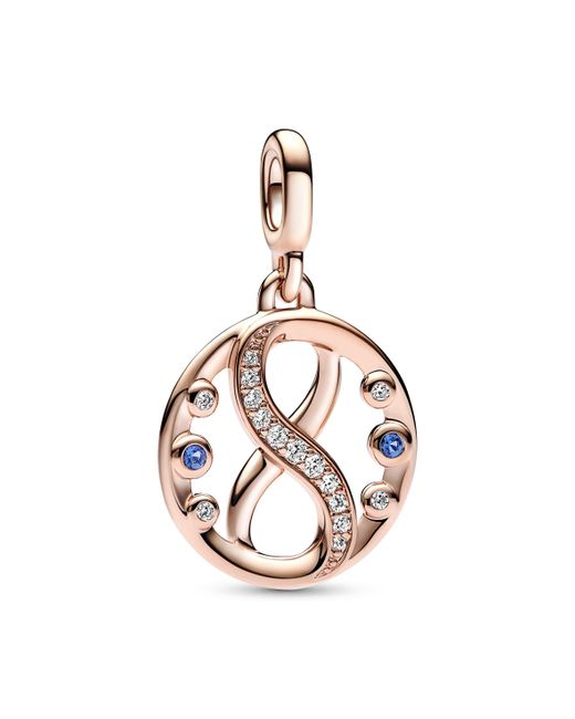 Pandora Metallic Me Infinity 14k Rose Gold-plated Medallion With Clear Cubic Zirconia And Stellar Blue Crystal