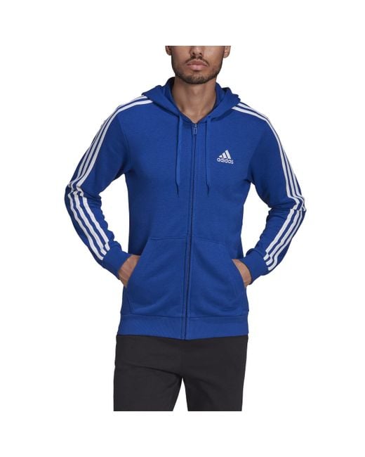 Adidas Blue Standard Essentials French Terry 3-stripes Full-zip Hoodie for men