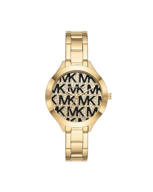 Michael Kors Metallic Mk4659 Gold Tone Black Logo Accent 3 Hand Dial Stainless Steel Watch