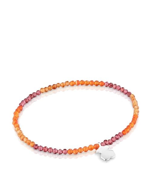 Bracelet élastique avec boules rondes de pierres précieuses et motif d'ours en argent sterling 17 cm de long Tous en coloris Red
