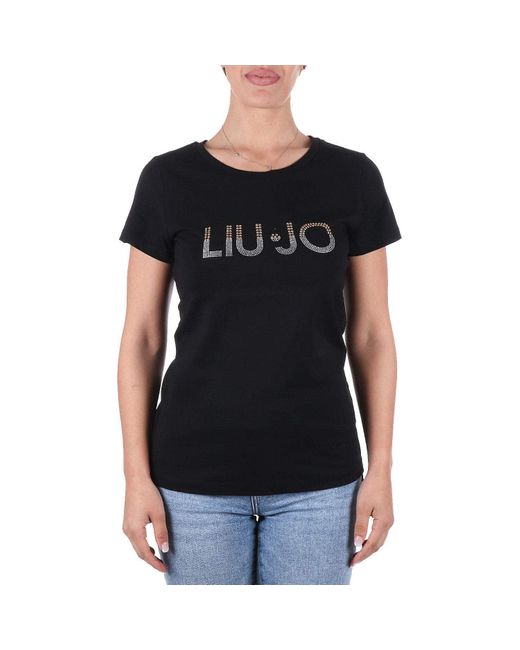 T Shirt Donna Liu Jo con Logo Strass Nero ES24LJ43 VA4216 JS923 L di Liu Jo in Black