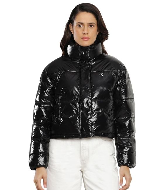 Calvin Klein Black Cropped Shiny Puffer Winter Jacket