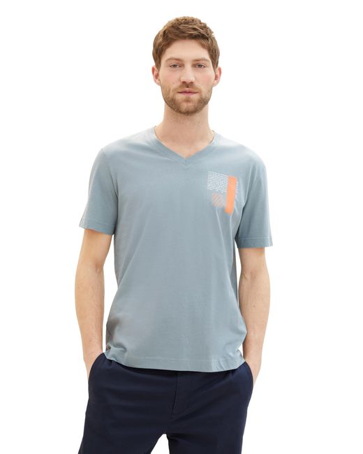 Tom Tailor Basic T-Shirt mit V-Ausschnitt und kleinem Print in Blue für Herren