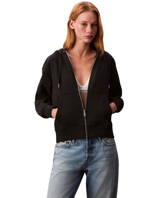 Donna Felpa con Zip Archive Logo French Terry con Cappuccio di Calvin Klein in Black