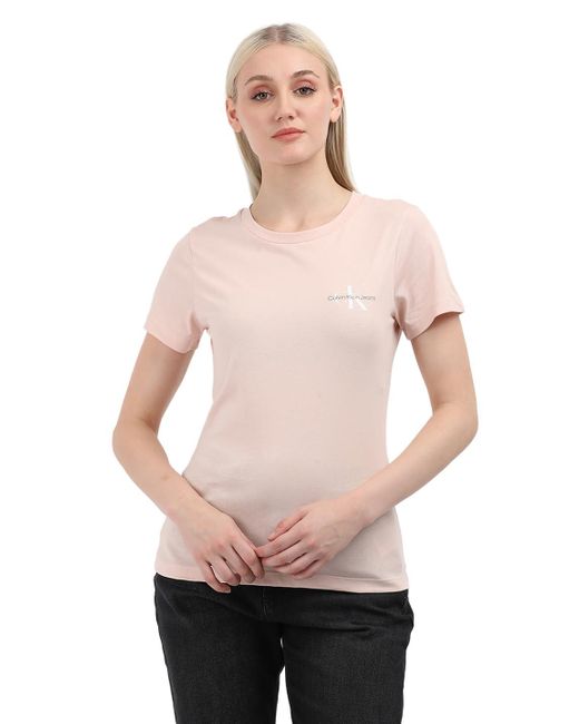 T-shirt Donna iche Corte Confezione da 2 Monologo Slim Scollo Rotondo di Calvin Klein in Natural
