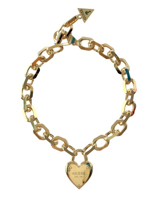 All You Need Is Love Heart Lock Chain Bracelet S Yellow Gold di Guess in Metallic