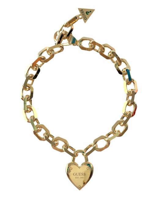 Guess Metallic All You Need Is Love Heart Lock Chain Bracelet S Yellow Gold