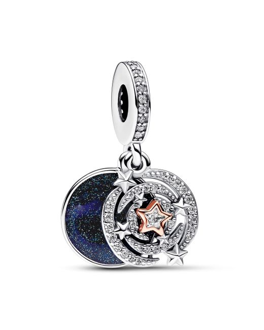 Pandora Moments Shooting Star Sterling Silver And 14k Rose Gold-plated Double Dangle With Clear Cubic Zirconia And Shimmering Blue