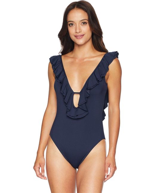 Michael Kors Blue Michael Solids Ruffle Deep V One-piece W/removable Soft Cups