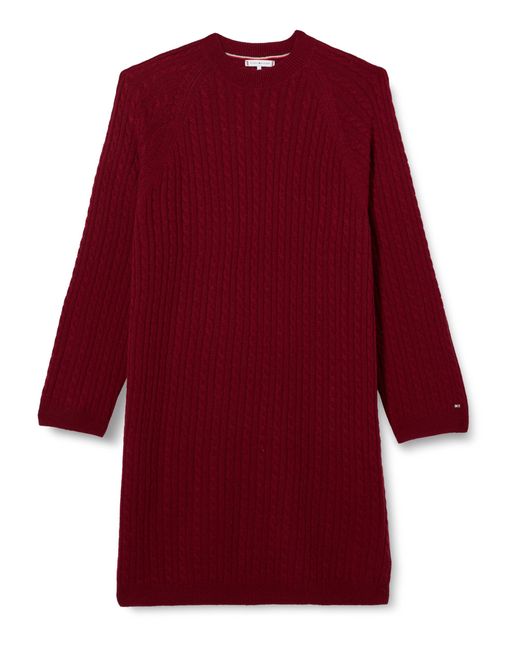 Tommy Hilfiger Red CRV Soft Wool Cable C-NK Dress WW0WW40866 Strickkleider