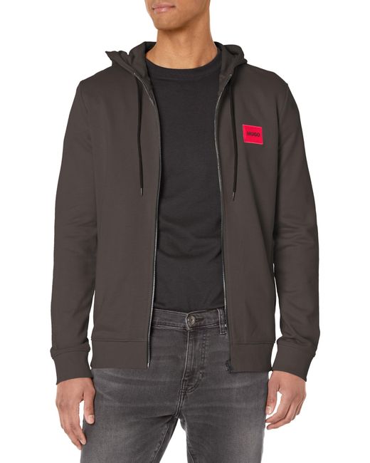 HUGO Gray Regular Fit Square Logo Jersey Hooded Zip Up Sweatshirt for men