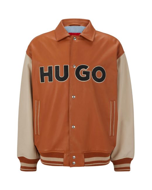 HUGO Brown Colour-blocked Logo Varsity Jacket In Leather for men