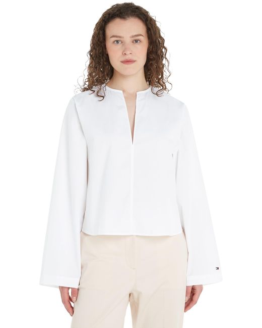 Tommy Hilfiger White Bluse Cotton Solid V-Ausschnitt