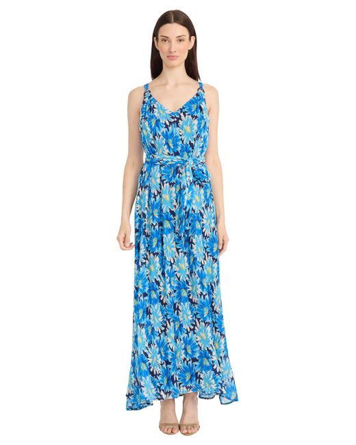 Maggy London Blue S V Neck Racerback Maxi Adjustable Strap Empire Waist-summer Wedding Guest Dress