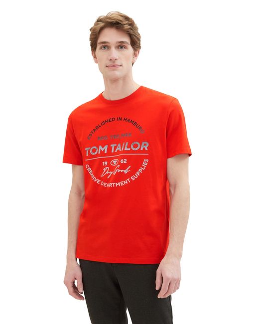 Tom Tailor Basic Crewneck T-Shrt mit Logo-Print aus Baumwolle in Red für Herren