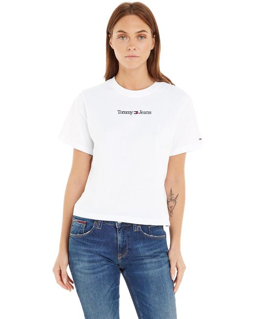 T-shirt Donna iche Corte Serif Linear Tee Scollo Rotondo di Tommy Hilfiger in White