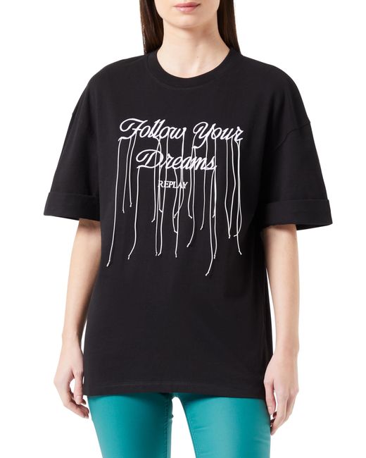 Replay Black T-Shirt Kurzarm aus Baumwolle Follow your Dreams
