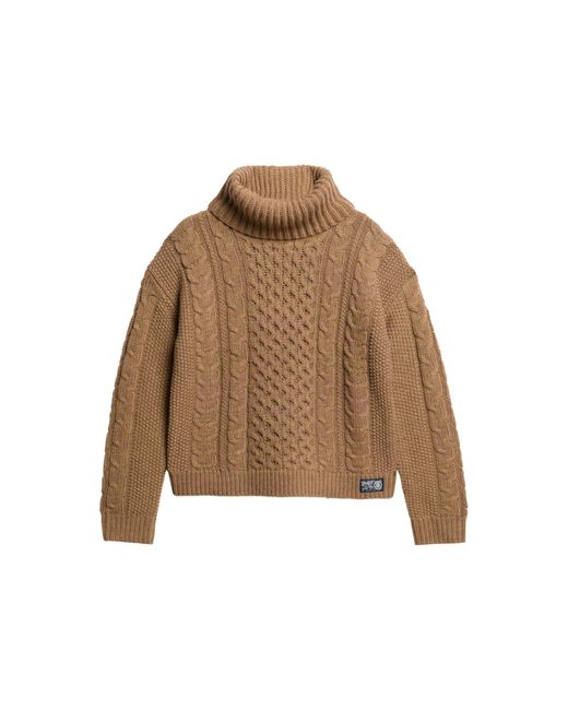 Superdry Brown Strickpullover mit Rollkragen und Zopfmuster Insel Karamell Twist 42