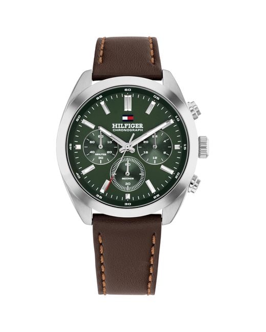 Montre Chronographe à Quartz pour avec Bracelet en Cuir Marron Foncé - 1710719 Tommy Hilfiger pour homme en coloris Green