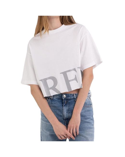 T-Shirt Donna ica Corta Scritta e Stampa sul Retro di Replay in Gray