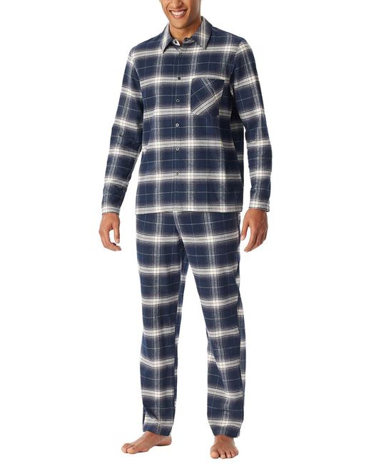 Schiesser Schlafanzug lang mit Knopfleiste Flanell-Nightwear Set Pyjamaset in Blue für Herren