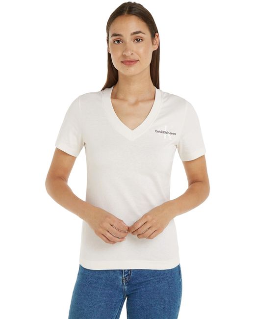 Calvin Klein White T-Shirt Kurzarm Monologo Slim V-Ausschnitt