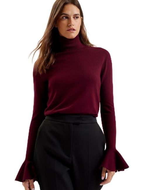 Ted Baker Red S Wmk-tamsenn-roll Neck Fluted Sleeve Sweater