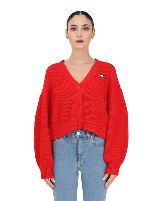 Tommy Hilfiger Tommy Jeans Relaxed Fit Ribbed Crop Cardigan Red With Logo