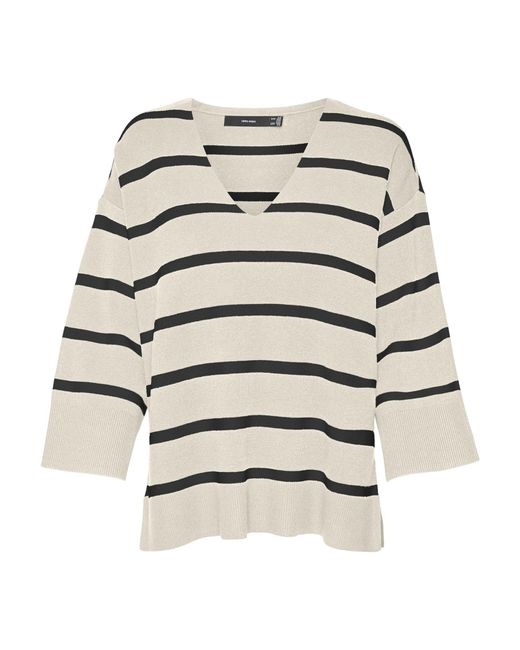 Vero Moda White Vmsaba 3/4 V-nck Stripe Pullover Ga Noos Knitted Jumper