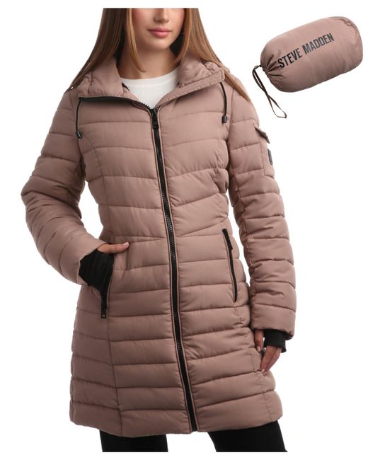 Steve Madden Packable Long Length Quilted Puffer Parka Coat Hooded Outerwear Jacket For in Brown Lyst UK