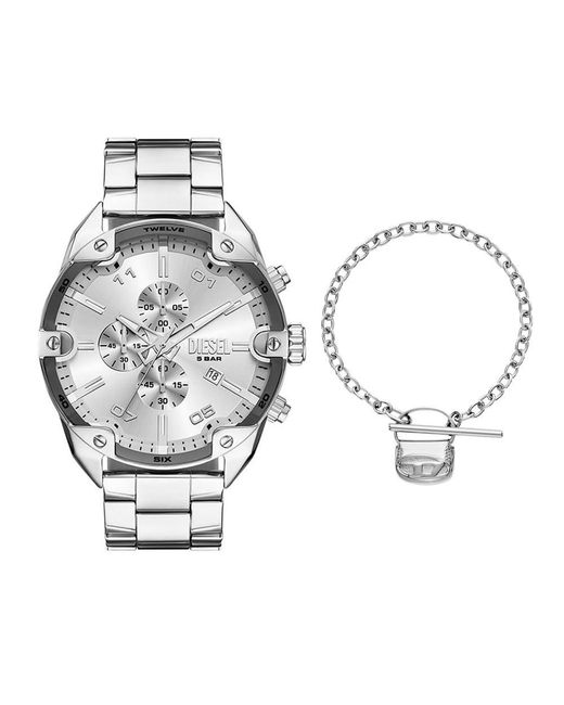 Uomo Orologio e Bracciale in Acciaio Inossidabile Argento con Borchie di DIESEL in Metallic da Uomo