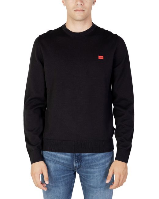 HUGO Black Knitted Cotton Sweater With Red Logo Label for men