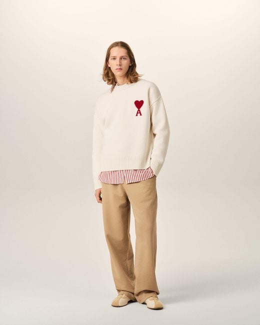 AMI Natural Crewneck Wool Sweater With Ami De Coeur