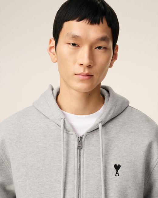 AMI Gray Zipped Cotton Hoodie With Ami De Coeur for men