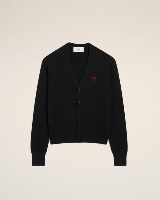 AMI Black Wool Cardigan With Contrasted Ami De Coeur for men