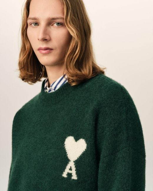 AMI Green Crewneck Alpaca Sweater With Ami De Coeur