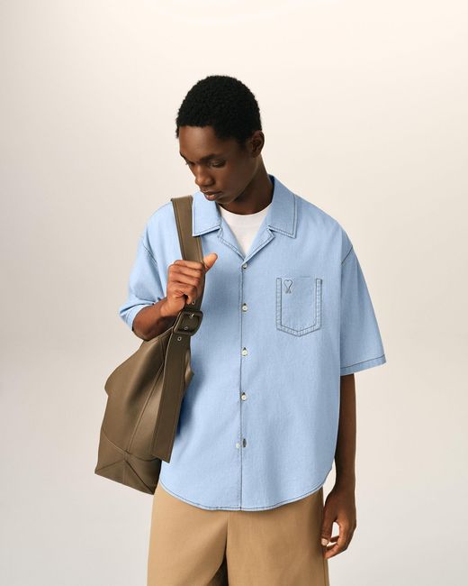 AMI Blue Boxy Cotton Short-Sleeve Shirt With Ami De Coeur for men