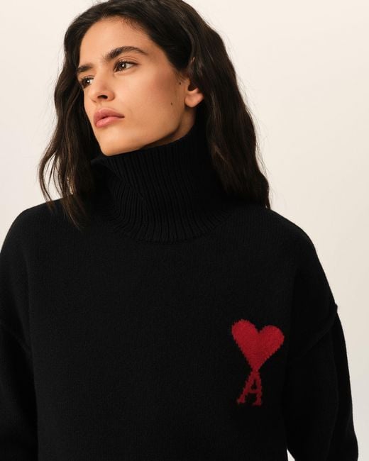 AMI Black Funell Neck Wool Sweater With Ami De Coeur