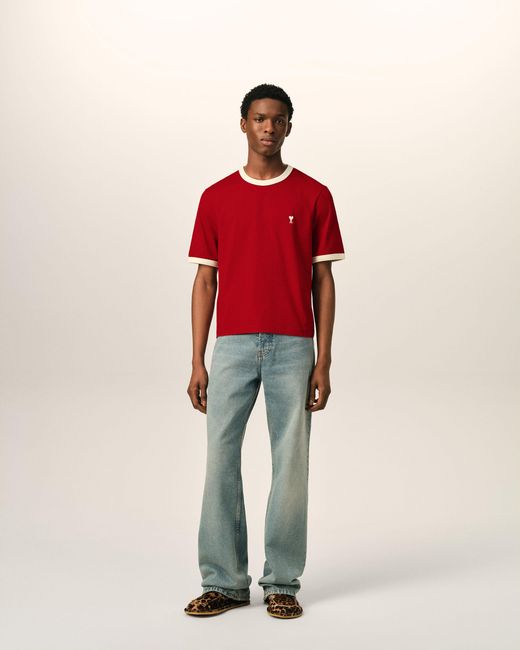 AMI Red Contrasted Cotton T-Shirt With Ami De Coeur for men