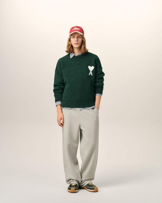 AMI Green Crewneck Alpaca Sweater With Ami De Coeur