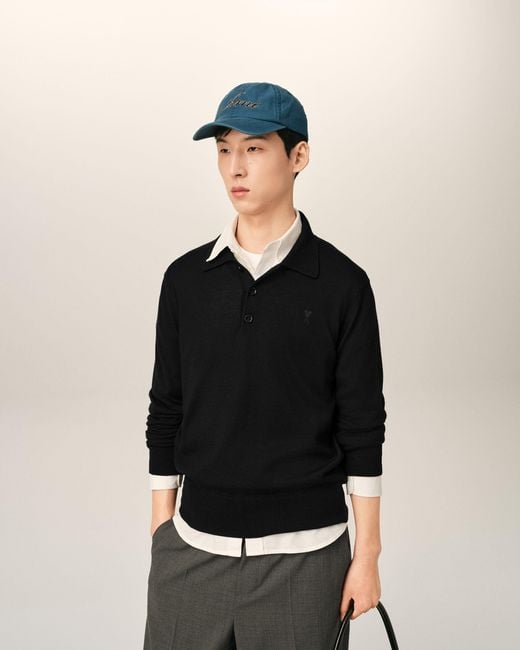 AMI Black Wool Polo With Ami De Coeur for men