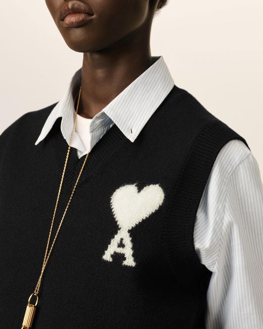 AMI Black Sleeveless Wool Sweater With Ami De Coeur