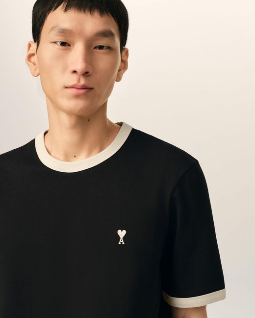 AMI Black Contrasted Cotton T-Shirt With Ami De Coeur for men
