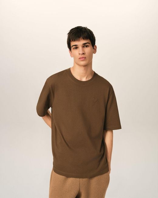 AMI Brown Cotton T-Shirt With Embossed Ami De Coeur